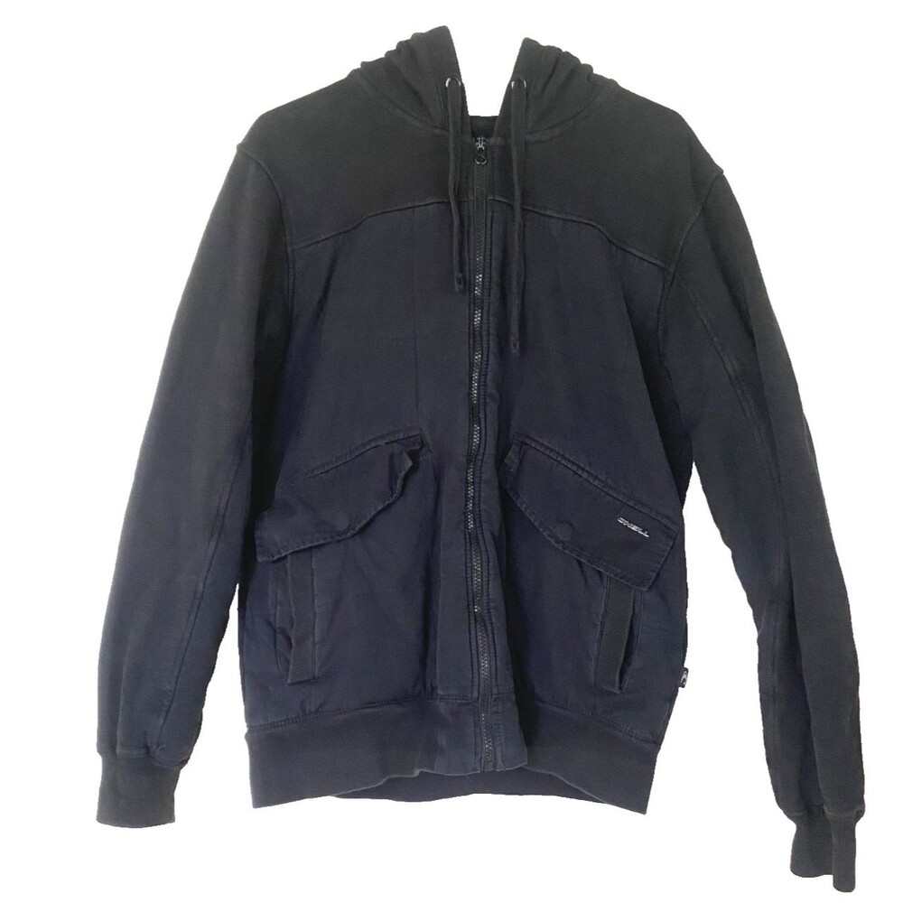 O'neill Men's Hoodie Black Full Zip Lined Cargo Jacket Pockets Surfing Urban Med